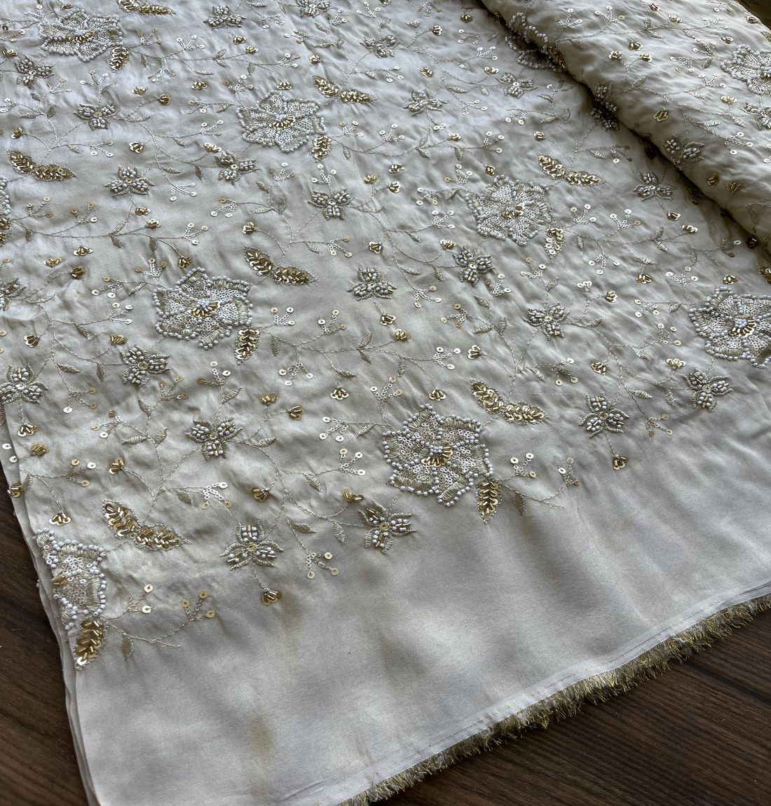 White Traditional Hand Embroidered With Beads And Sequins On Dyeable Golden Tissue Silk Fabric