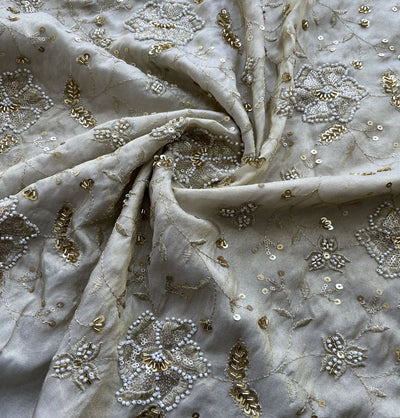 White Traditional Hand Embroidered With Beads And Sequins On Dyeable Golden Tissue Silk Fabric