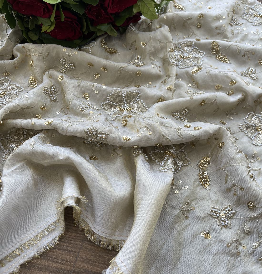 White Traditional Hand Embroidered With Beads And Sequins On Dyeable Golden Tissue Silk Fabric