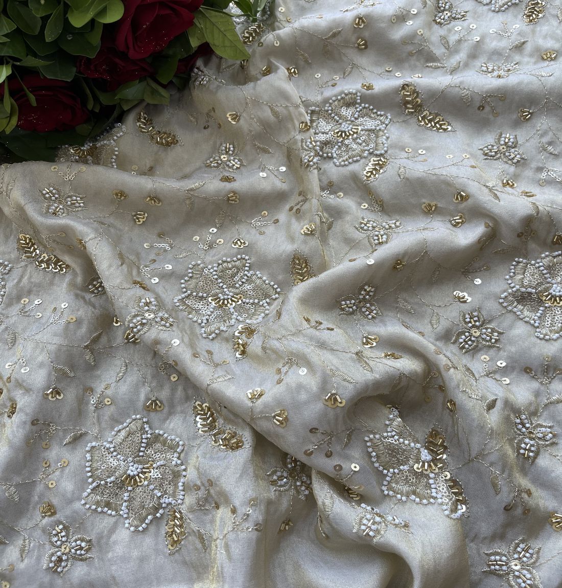 White Traditional Hand Embroidered With Beads And Sequins On Dyeable Golden Tissue Silk Fabric