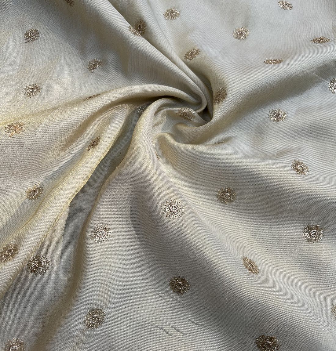 White & Golden Motifs Metallic Dyeable Sequins Embroidered Motifs Tissue Silk Fabric