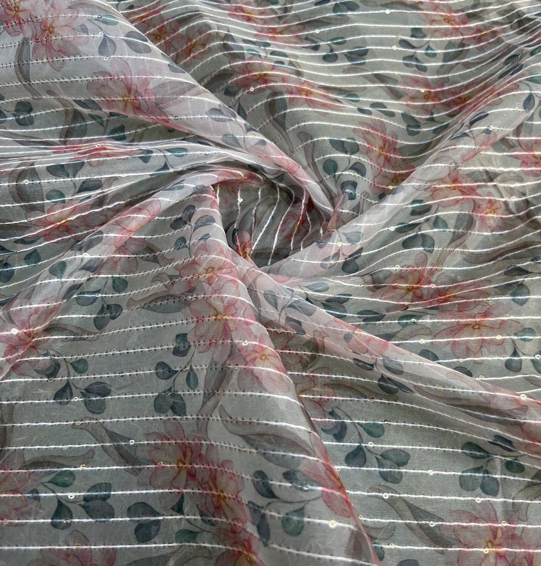 Multicolour Floral Sequins Embroidered Soft Organza Fabric