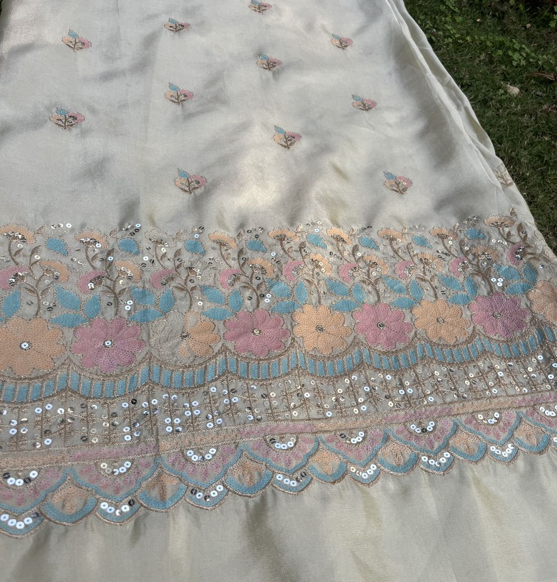 White Traditional Dyeable With Pastel Sequins Embroidery Golden Tissue Silk Fabric