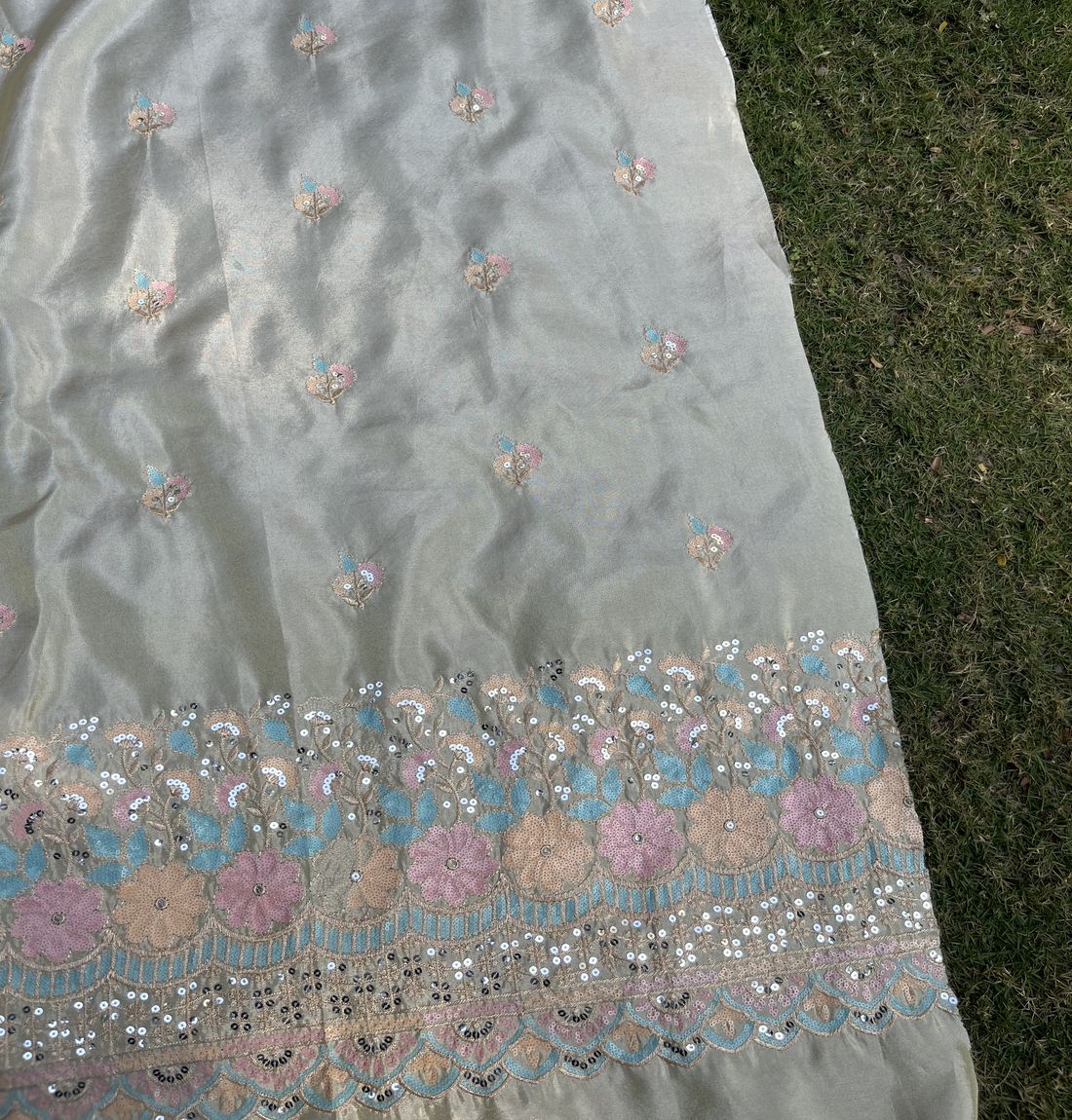 White Traditional Dyeable With Pastel Sequins Embroidery Golden Tissue Silk Fabric