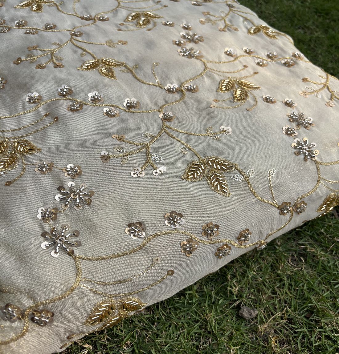 White & Golden Sequins And Beads Hand Embroidery Dyeable Golden Tissue Silk Fabric