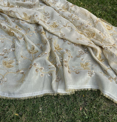 White & Golden Sequins And Beads Hand Embroidery Dyeable Golden Tissue Silk Fabric