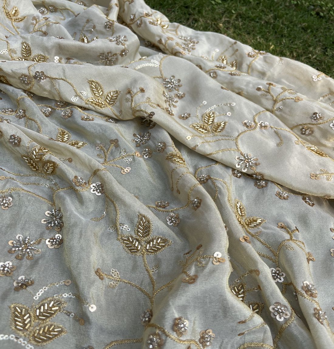 White & Golden Sequins And Beads Hand Embroidery Dyeable Golden Tissue Silk Fabric