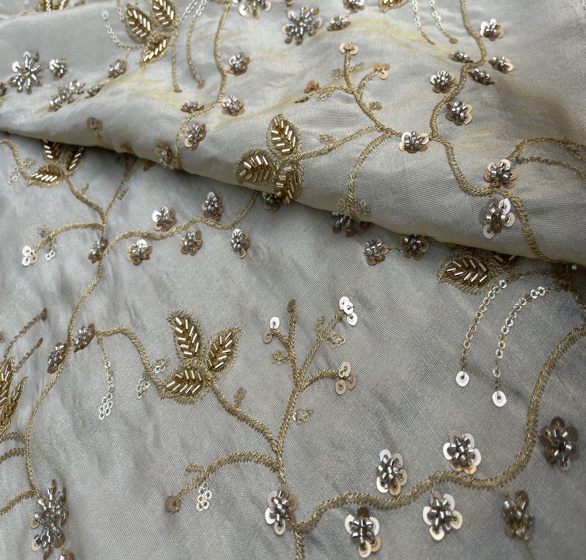 White & Golden Sequins And Beads Hand Embroidery Dyeable Golden Tissue Silk Fabric