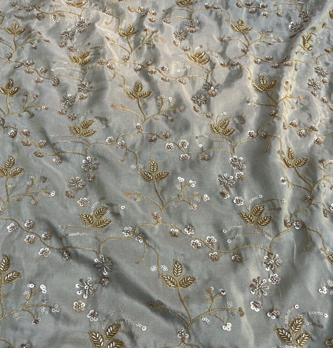 White & Golden Sequins And Beads Hand Embroidery Dyeable Golden Tissue Silk Fabric