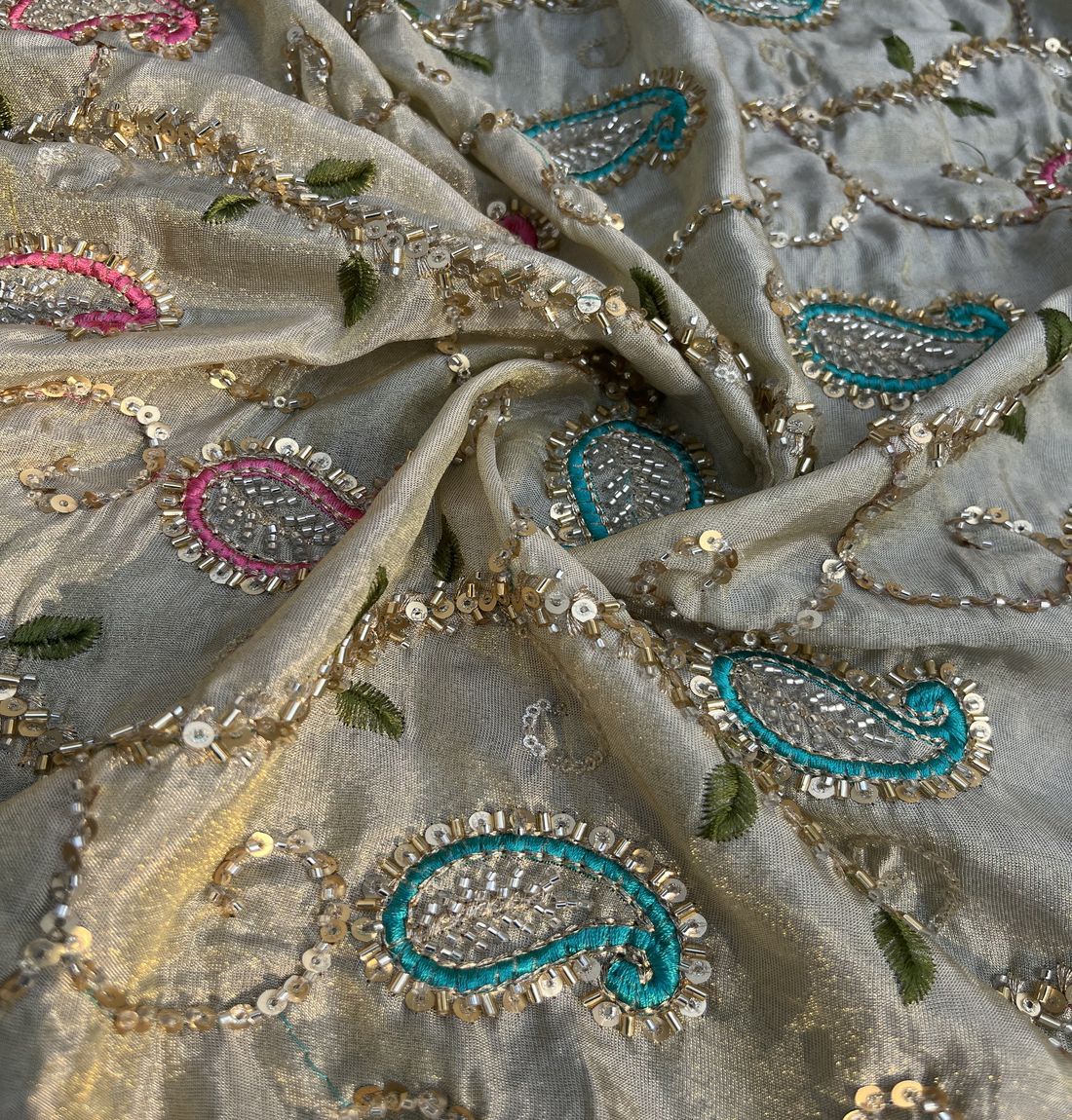 Golden Multicoloured Paisley Dyeable Beads And Sequins Hand Embroidery Tissue Silk Fabric