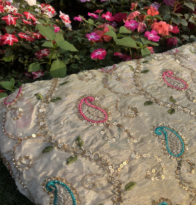 Golden Multicoloured Paisley Dyeable Beads And Sequins Hand Embroidery Tissue Silk Fabric