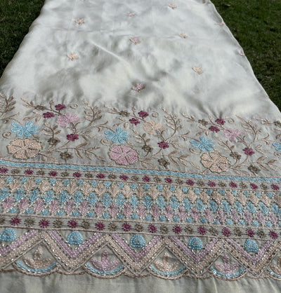 White & Golden Traditional Dyeable Pastel Sequins Embroidery Tissue Silk Fabric