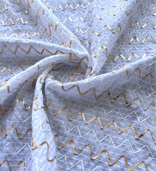 White Chevron Soft Cotton Sequins And Gota Patti Embroidered Fabric