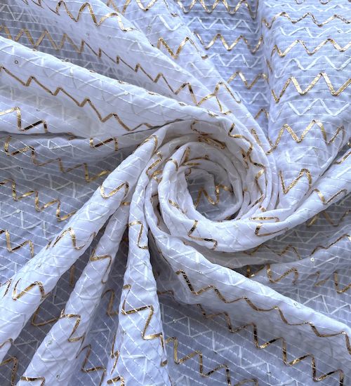 White Chevron Soft Cotton Sequins And Gota Patti Embroidered Fabric