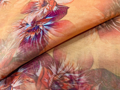 Peach & Orange Floral Printed Organza Fabric