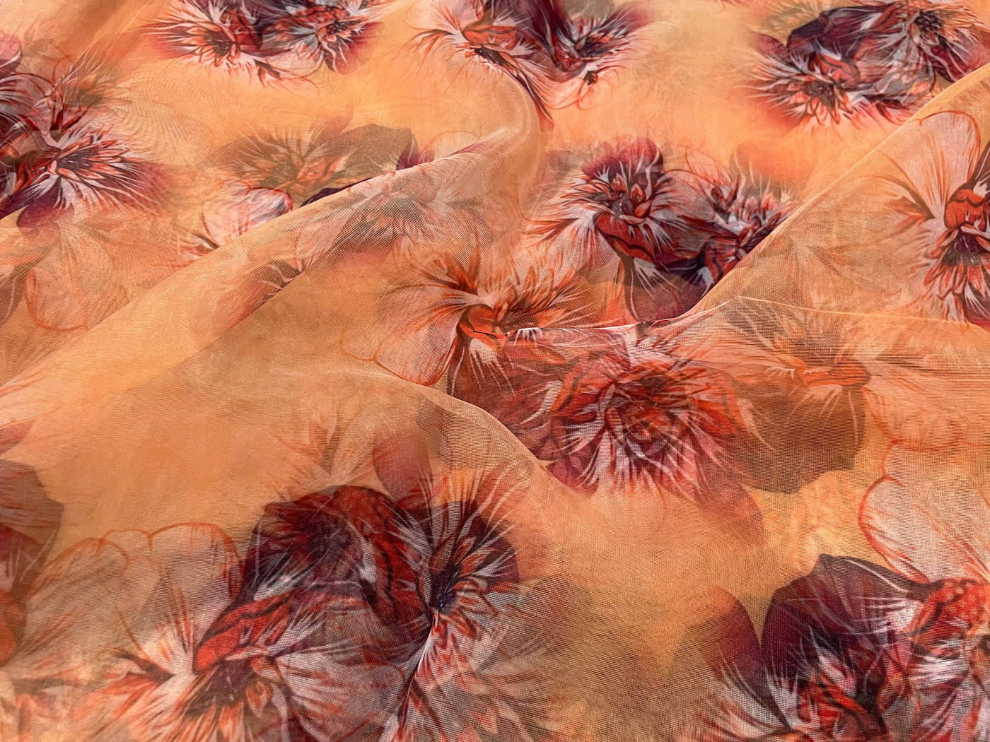 Peach & Orange Floral Printed Organza Fabric