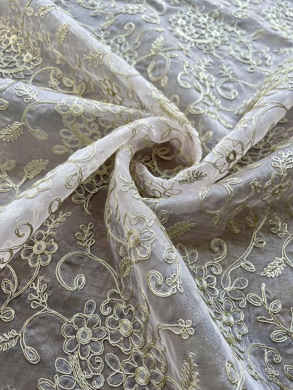 Golden Floral Pitta Embroidered Organza Fabric