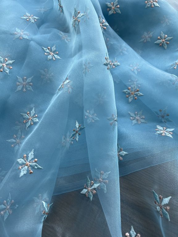  Blue Motifs Embroidered Organza Fabric (Wholesale)