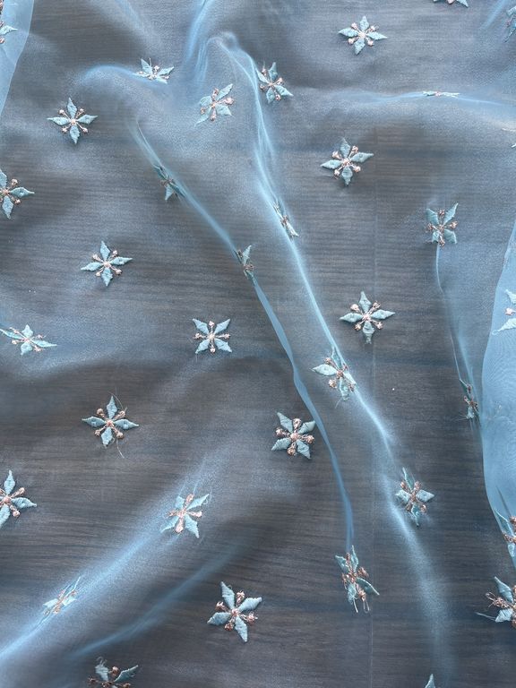  Blue Motifs Embroidered Organza Fabric (Wholesale)