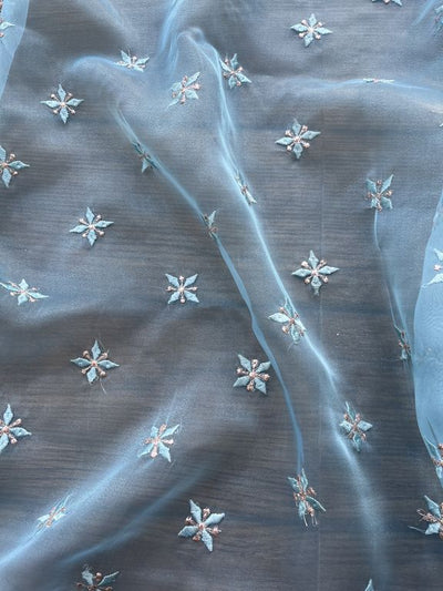 Blue Motifs Embroidered Organza Fabric