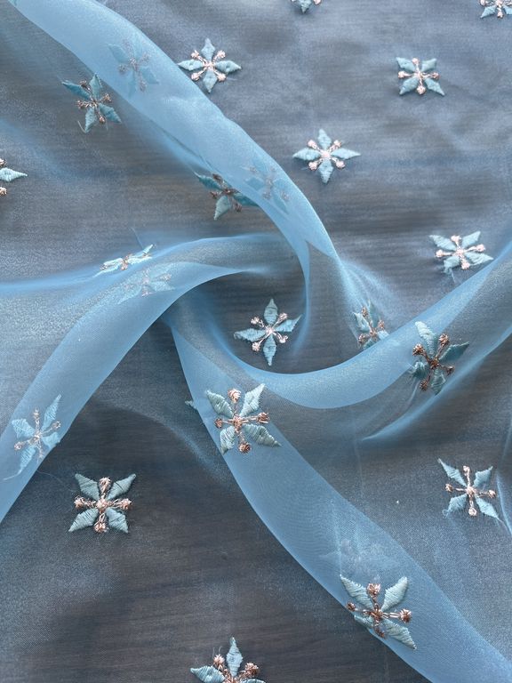 Blue Motifs Embroidered Organza Fabric