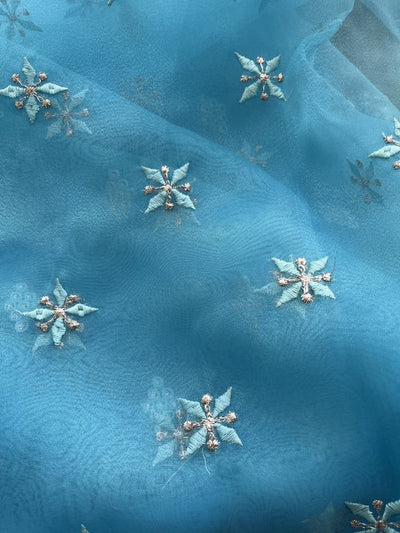 Blue Motifs Embroidered Organza Fabric