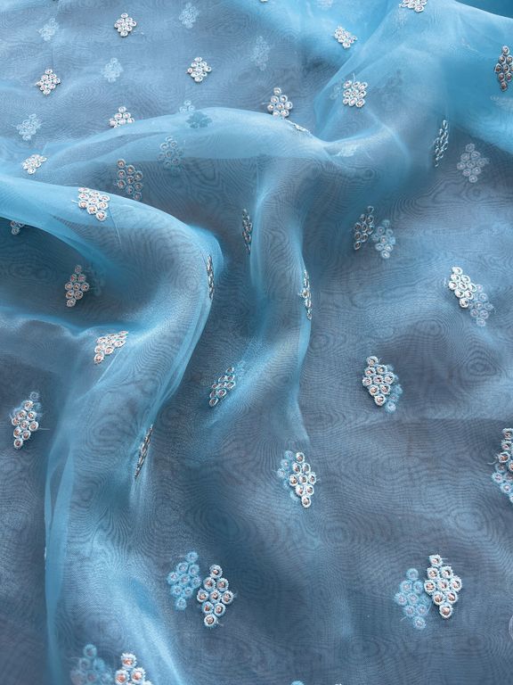  Blue Motifs Embroidered Organza Fabric (Wholesale)