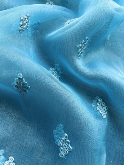  Blue Motifs Embroidered Organza Fabric (Wholesale)