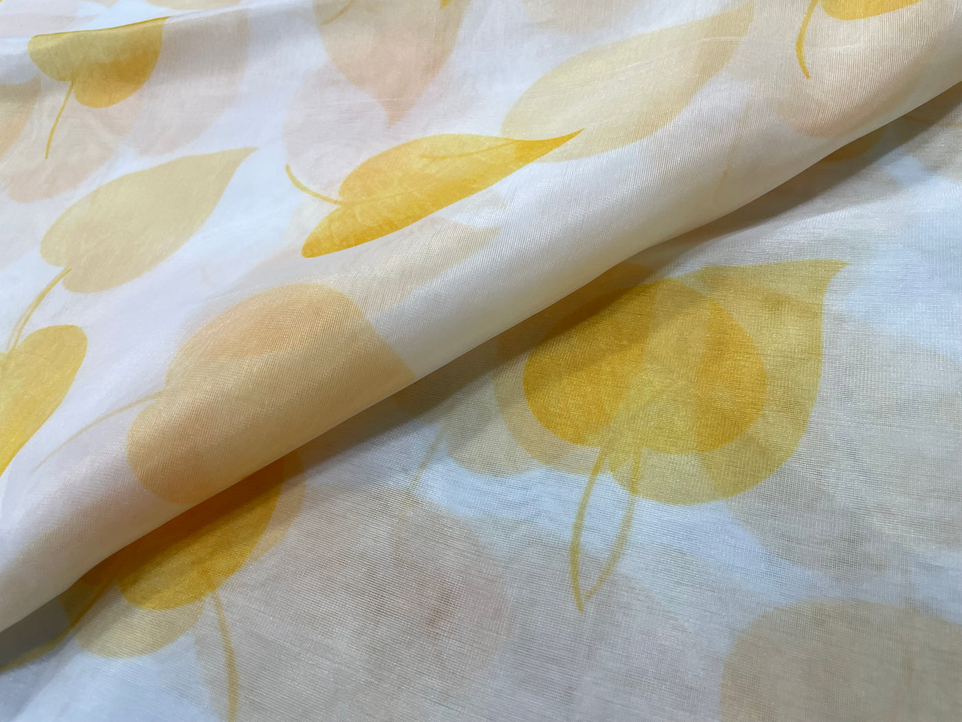 White & Yellow Floral Printed Organza Fabric