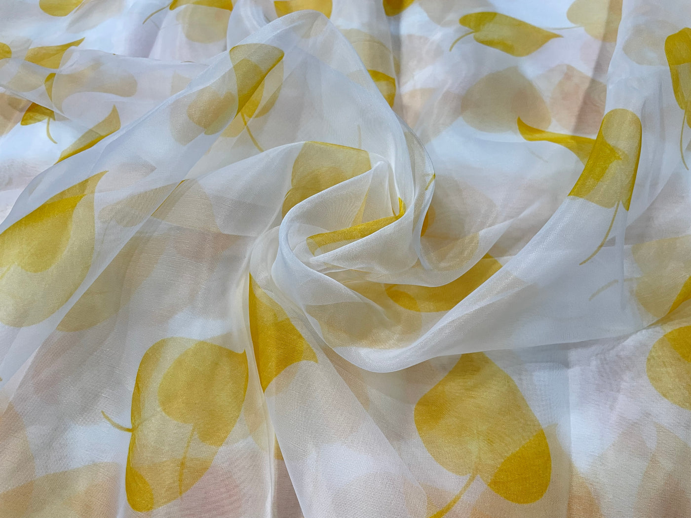 White & Yellow Floral Printed Organza Fabric