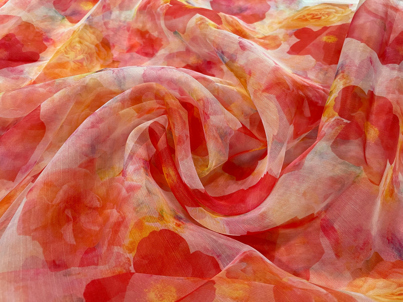 Red & Orange Floral Printed Organza Fabric