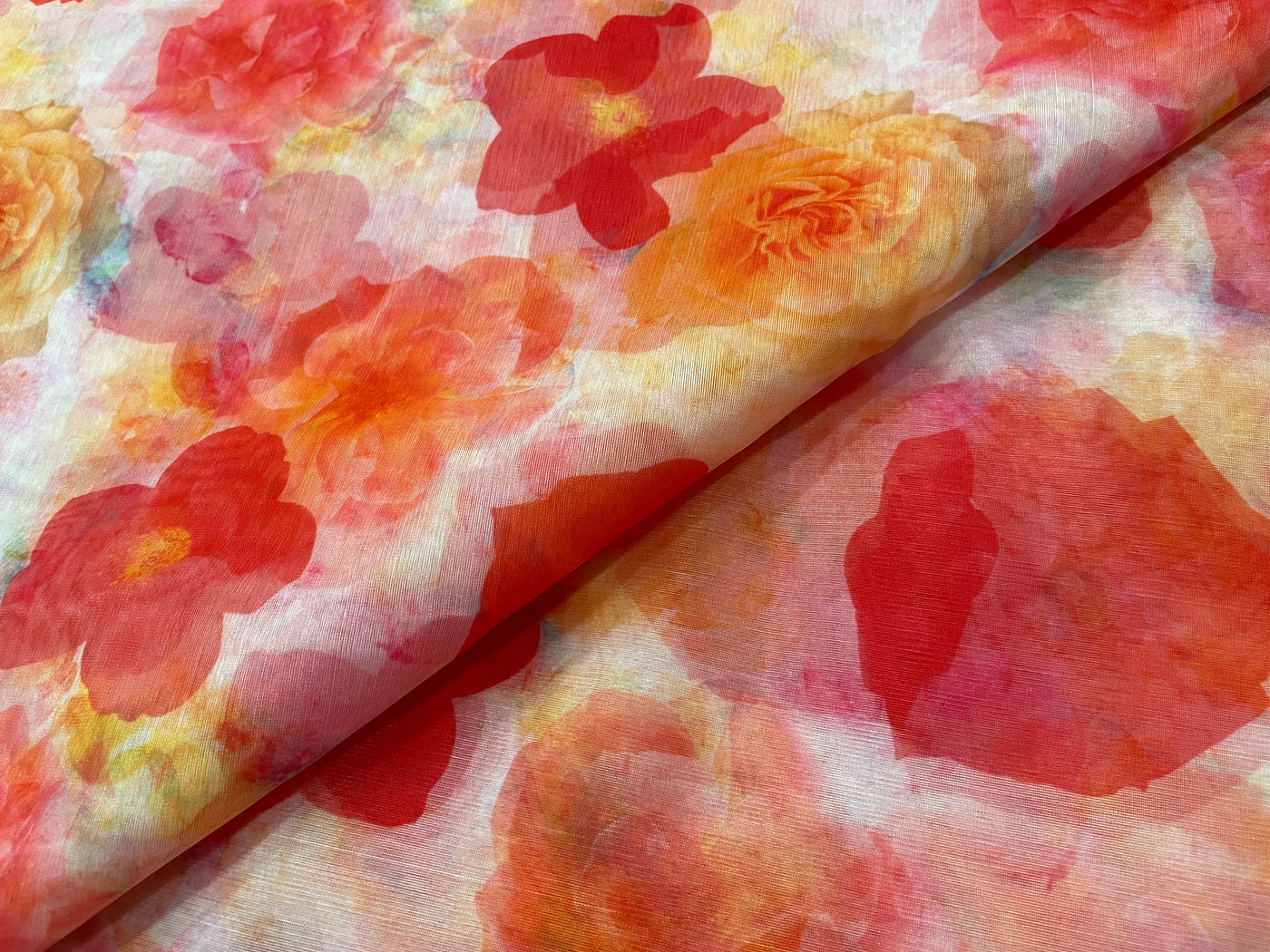 Red & Orange Floral Printed Organza Fabric
