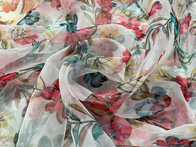 Red & Green Floral Printed Organza Fabric