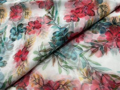 Red & Green Floral Printed Organza Fabric