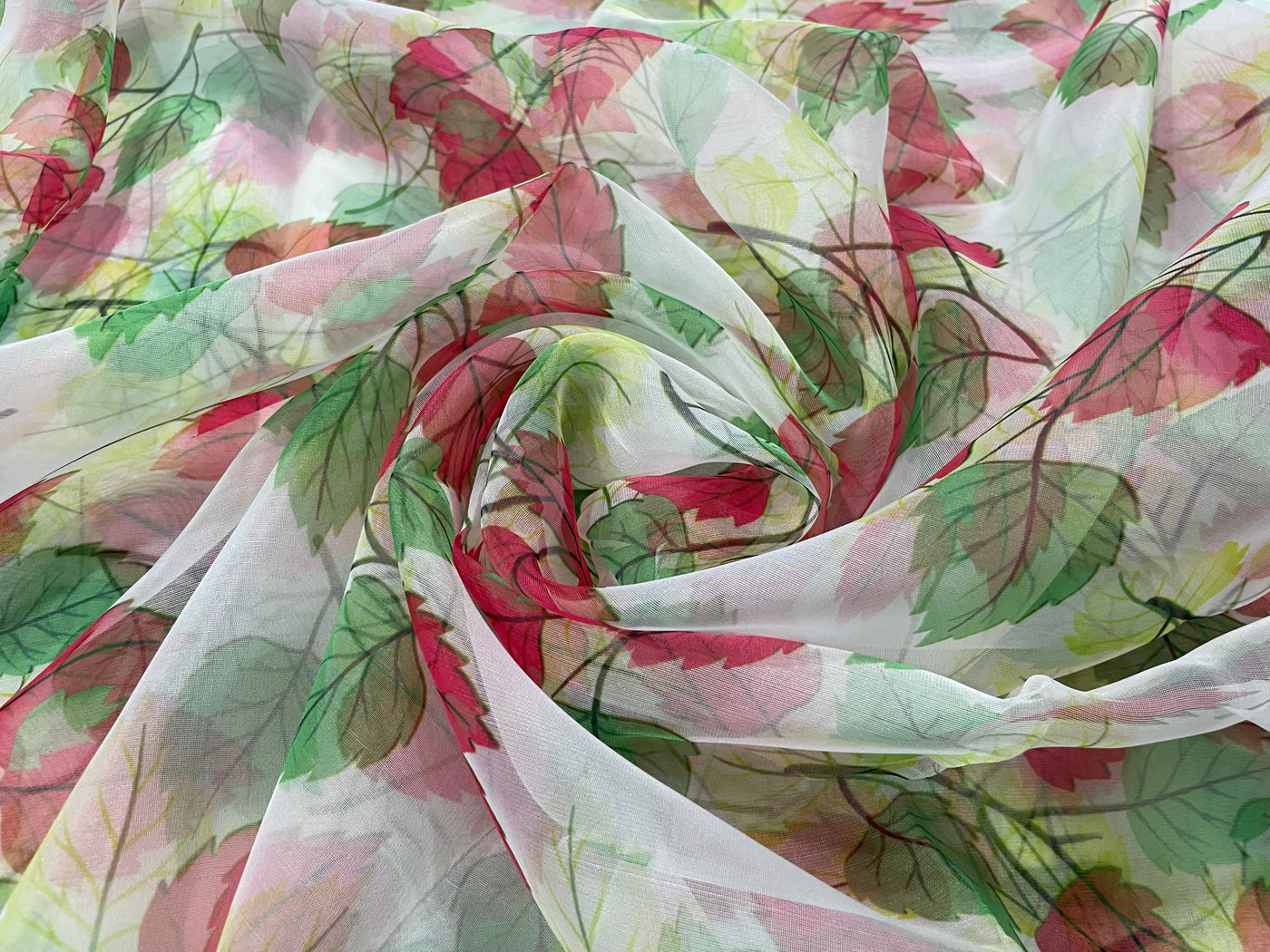 Pink & Green Floral Printed Organza Fabric