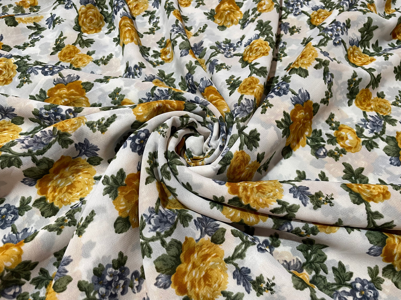 Yellow & White Floral Printed Soft Georgette Fabric