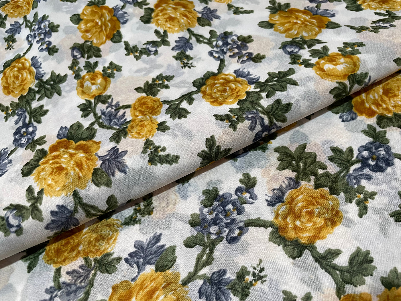 Yellow & White Floral Printed Soft Georgette Fabric