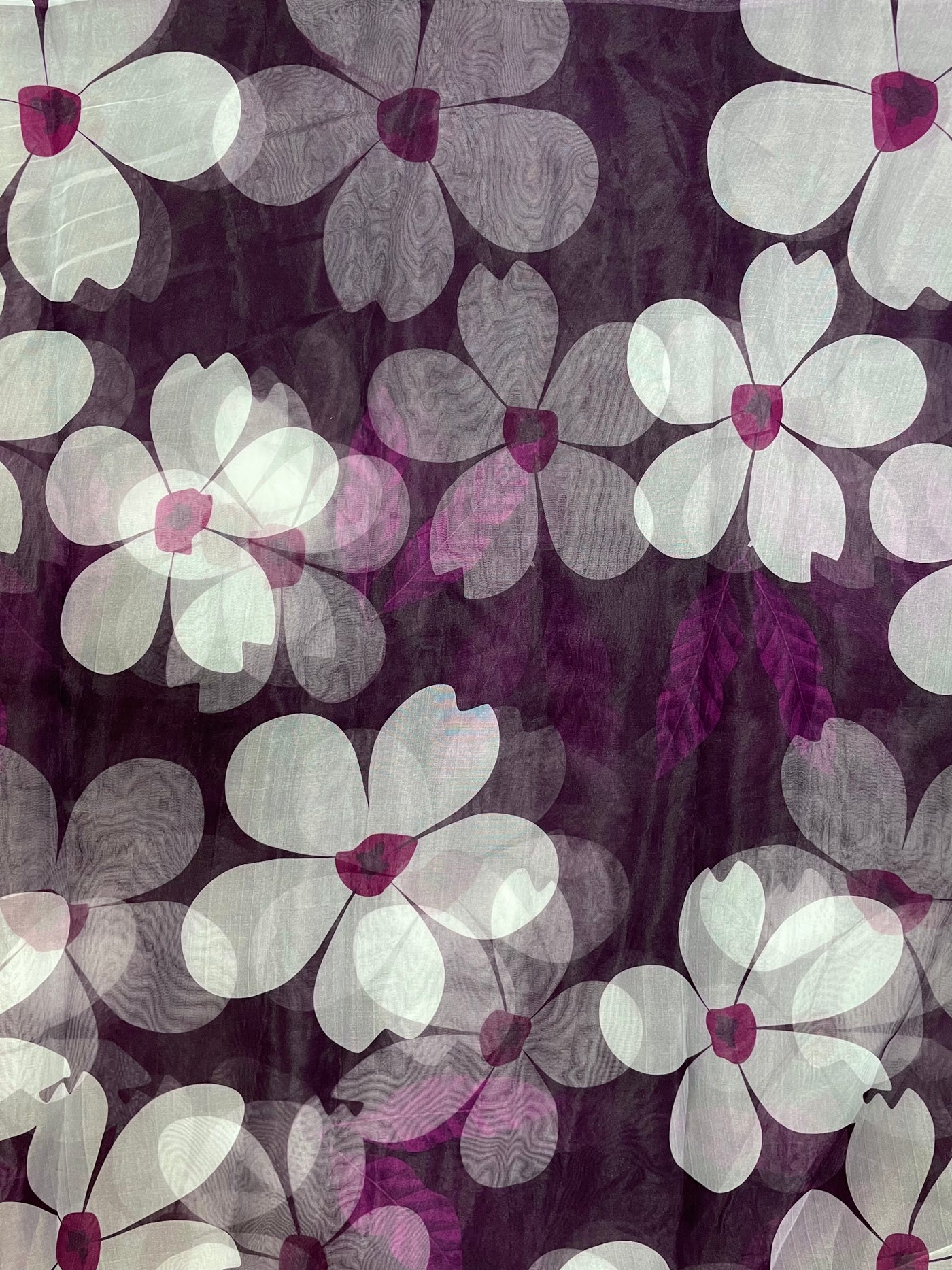 White & Wine Floral Printed Organza Fabric