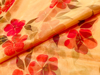 Yellow & Red Floral Printed Organza Fabric