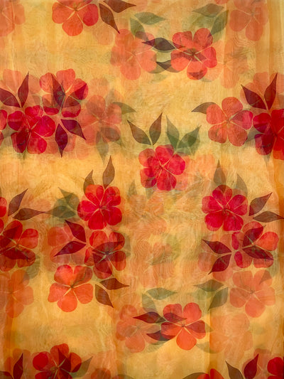 Yellow & Red Floral Printed Organza Fabric
