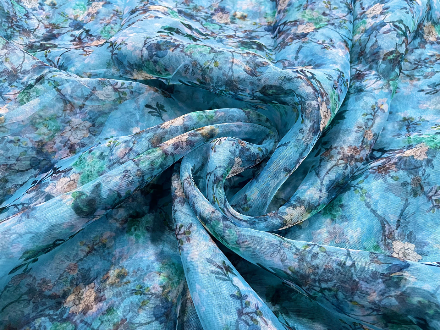 Blue Floral Printed Organza Fabric