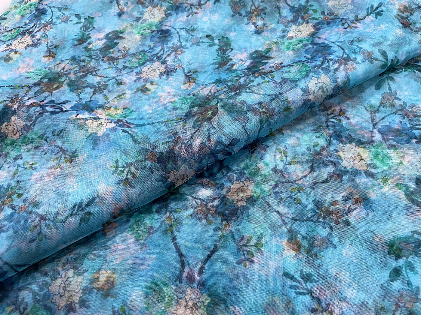 Blue Floral Printed Organza Fabric