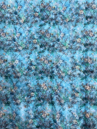 Blue Floral Printed Organza Fabric