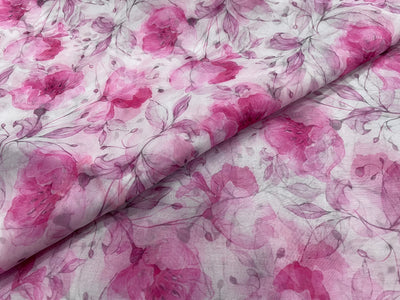 White & Pink Floral Printed Organza Fabric