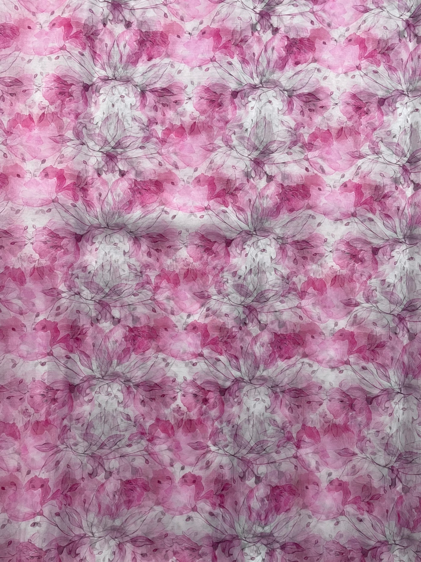 White & Pink Floral Printed Organza Fabric