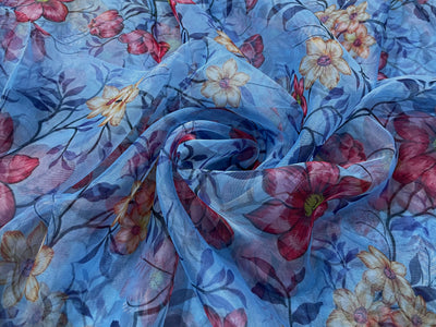 Sky Blue Floral Printed Organza Fabric
