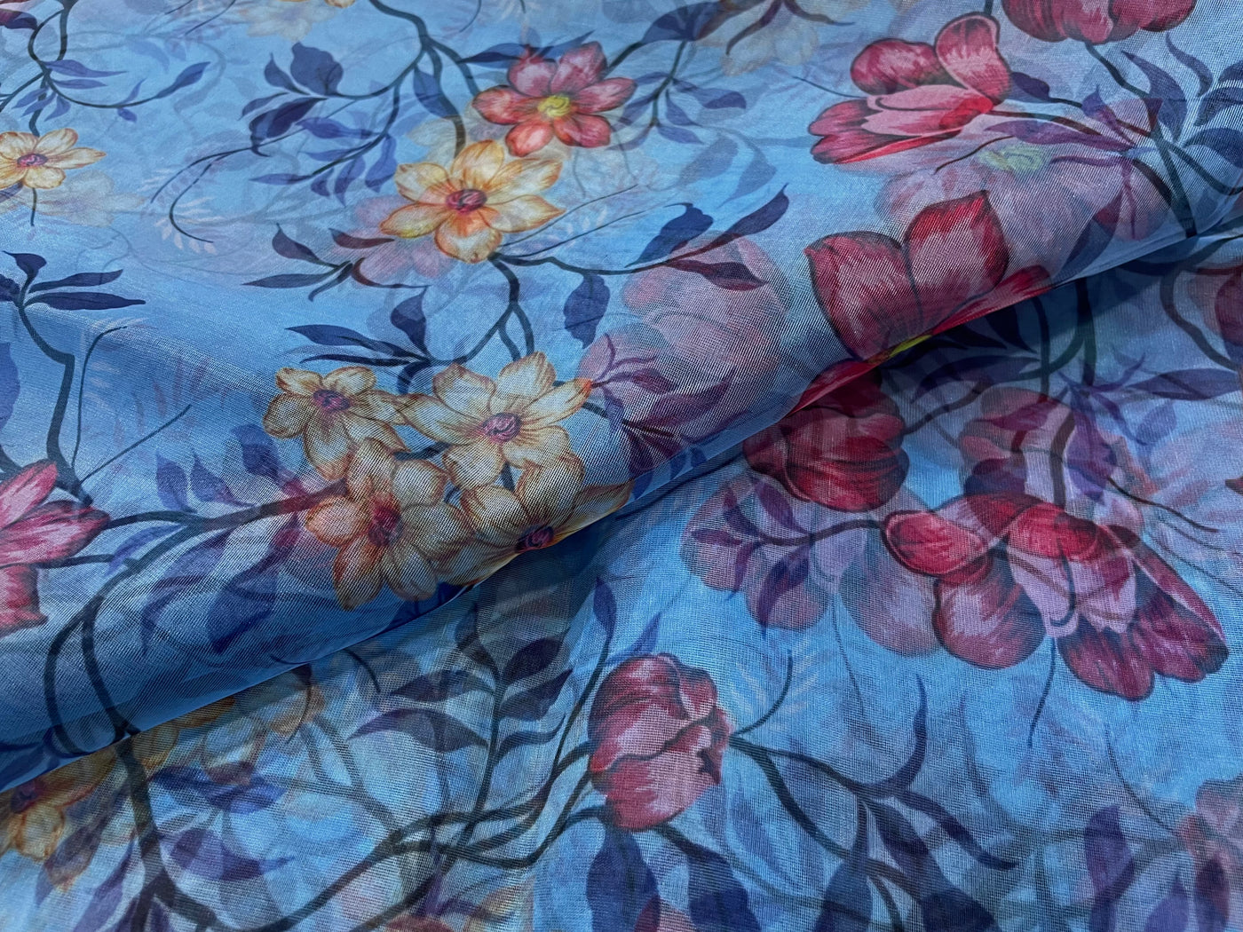 Sky Blue Floral Printed Organza Fabric