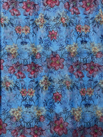 Sky Blue Floral Printed Organza Fabric