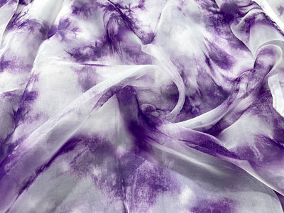 Purple & White Tie & Dye Printed Organza Fabric