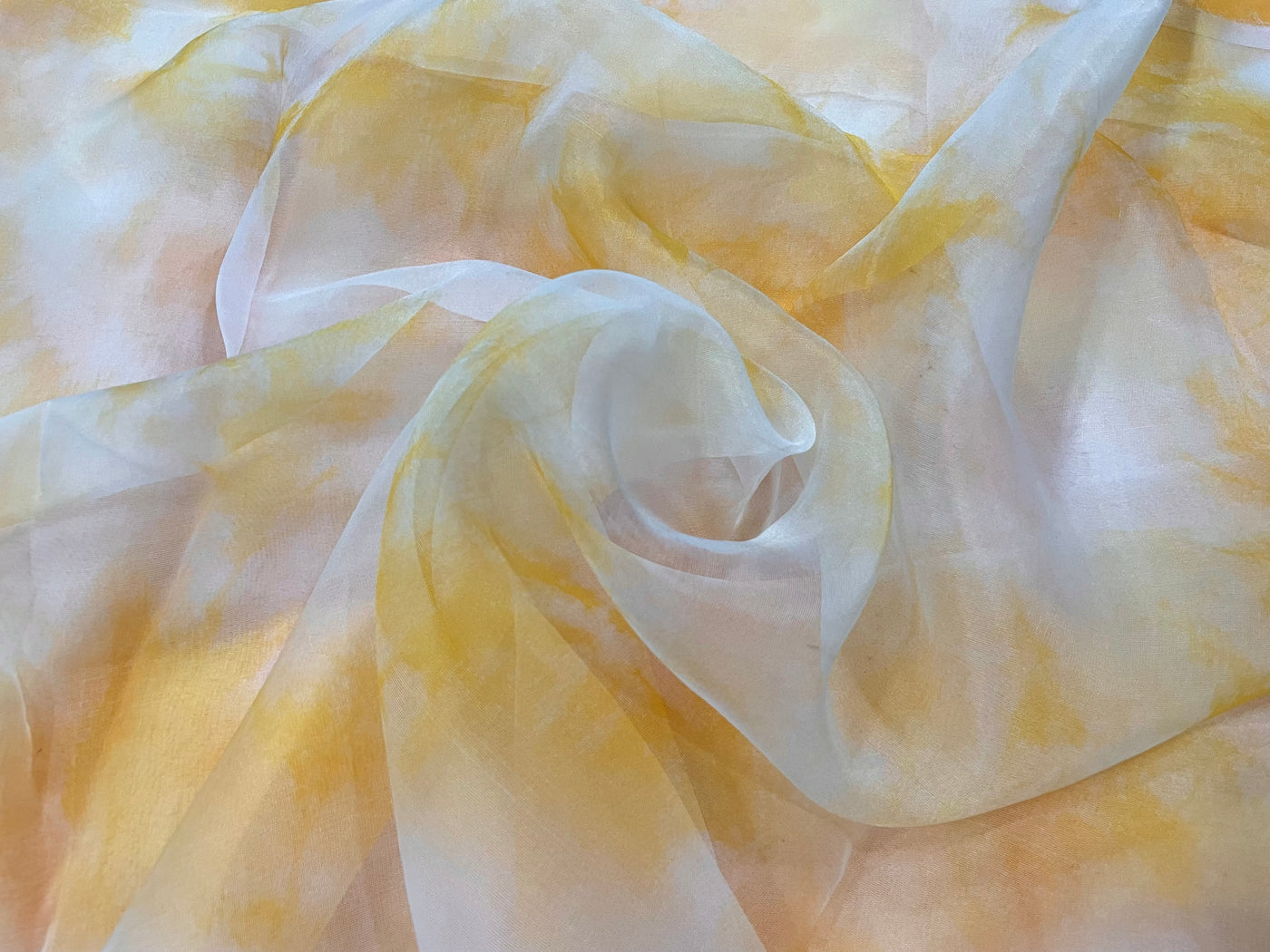 Yellow & White Tie & Dye Printed Organza Fabric